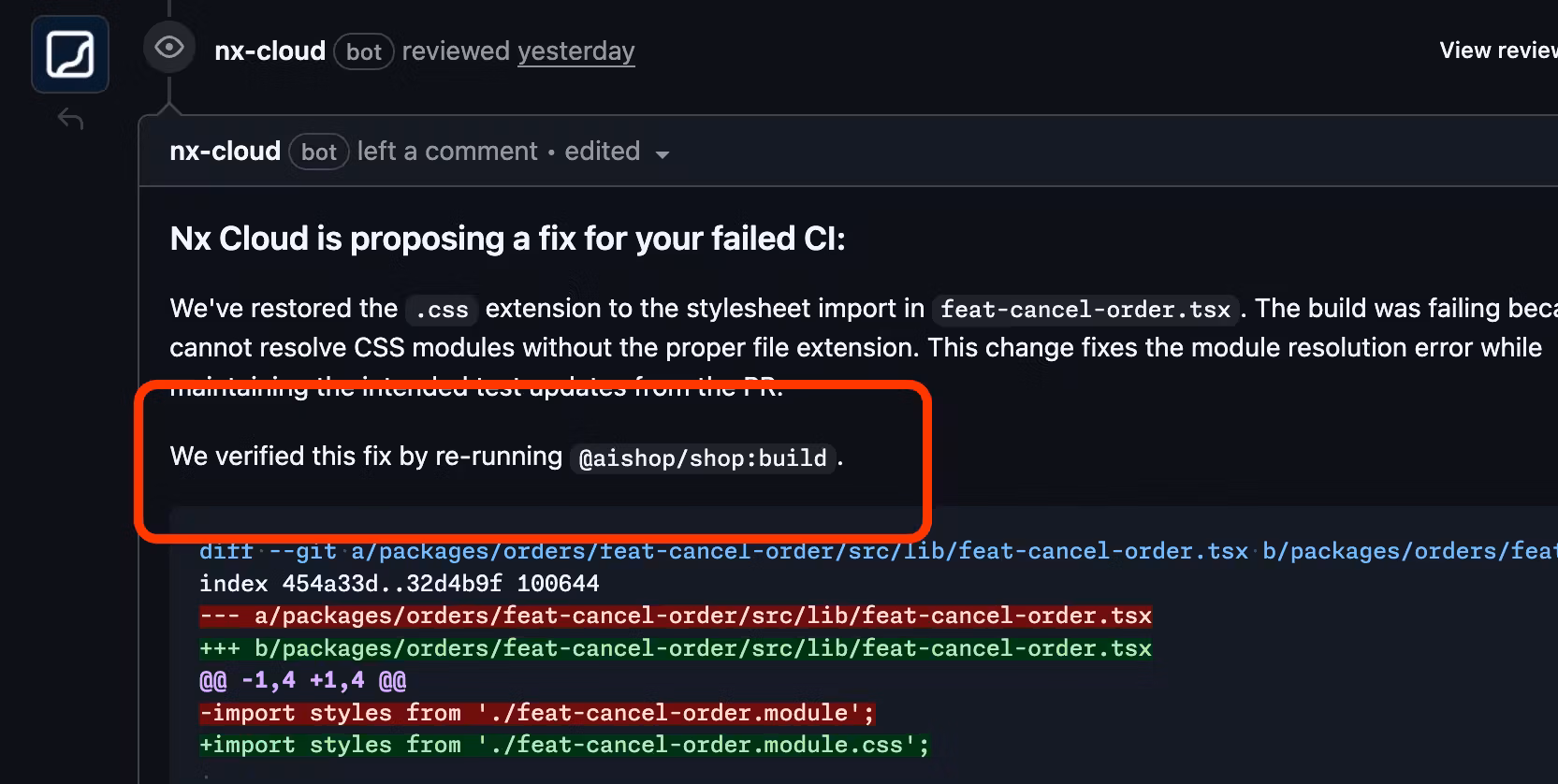 Verification phase run by Nx Cloud to make sure the proposed fix passes CI checks